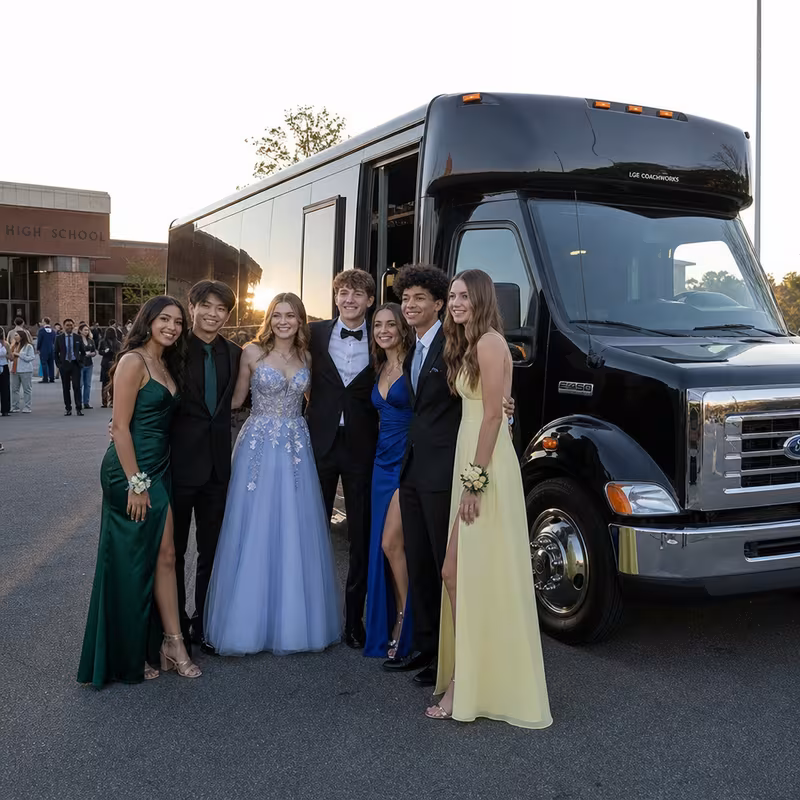 Group boarding a white charter bus for Prom & Homecoming Transportation transportation in Des Moines